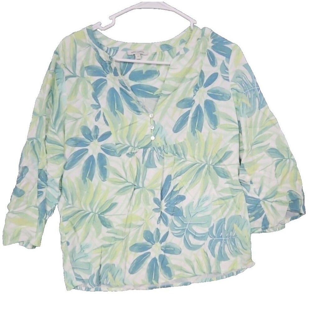 Anne Carson Women’s Green Small Floral 3/4 Sleeve Henley Casual Top Shirt NWOT
